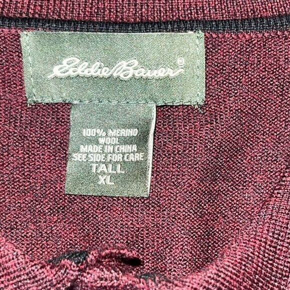 Eddie Bauer Merino Wool Sweater Men’s XLarge Tall Wine 1/4 Button Up Collared LS - Picture 10 of 10